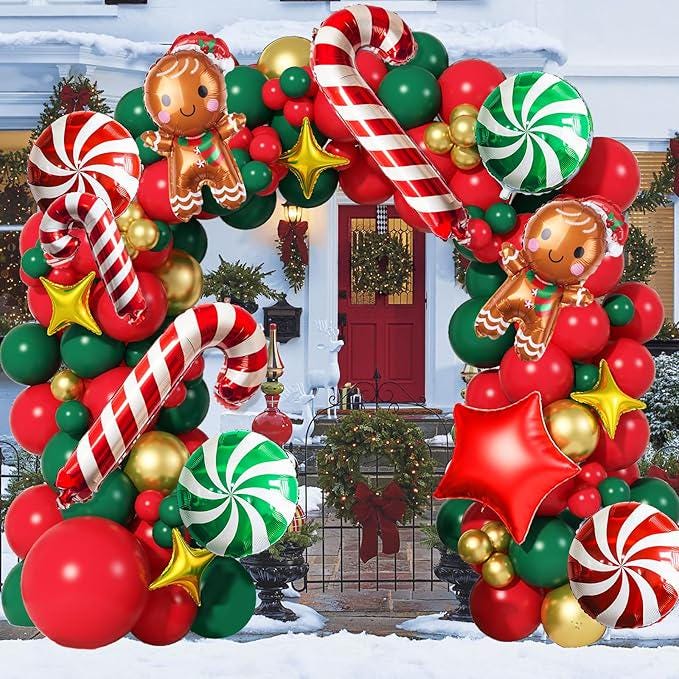 Christmas Balloon Garland Kit with Red Green Gold Balloons, Gingerbread & Candy Foils for Party