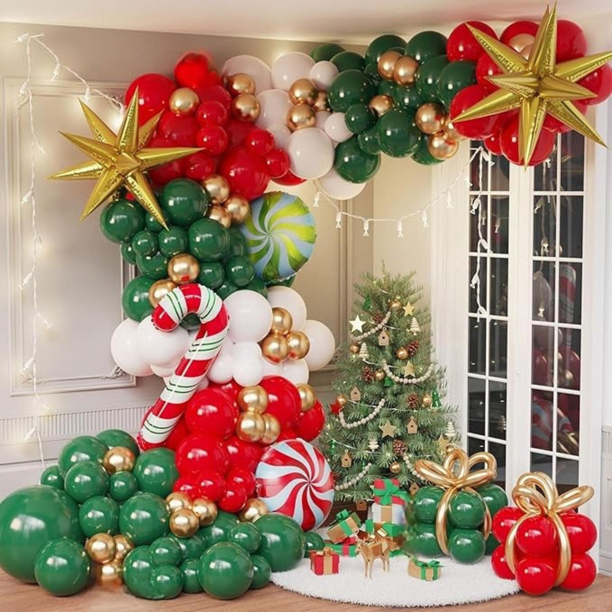 Red Green Gold Christmas Balloon Garland Kit 135pcs with Candy Cane & Star Balloons