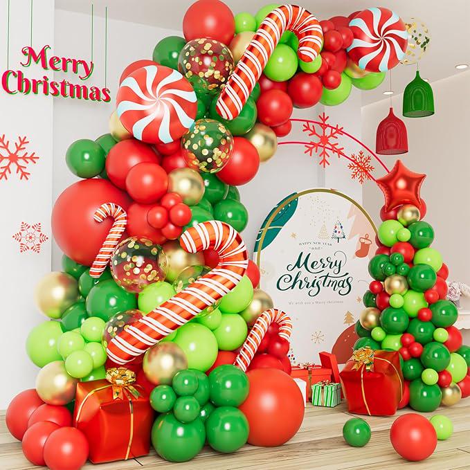 Christmas Balloon Garland Kit 138pcs Red Gold Green with Candy Cane & Gift Box Balloons