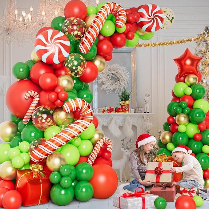 Christmas Balloon Garland Kit 138pcs Red Gold Green with Candy Cane & Gift Box Balloons