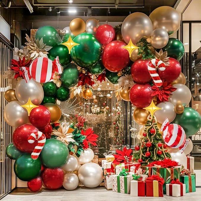 Christmas Balloon Garland Kit Red Green White Gold with Candy Cane & Star Balloons