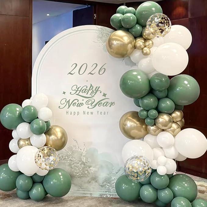 155-Piece Sage Green, White & Gold Balloon Garland Kit with Confetti for Parties