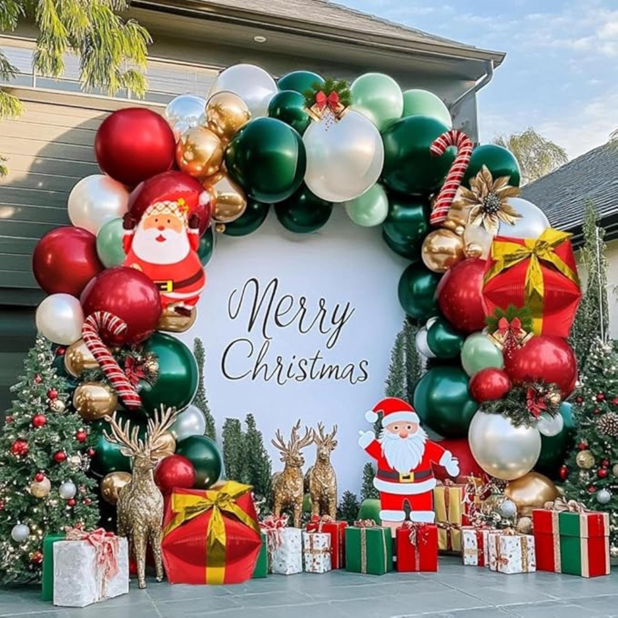 Christmas Balloon Arch Kit with Dark Green, Red, White & Gold Balloons for Parties