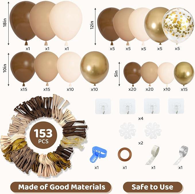153-Piece Brown Balloon Garland Kit with Nude, Metallic & Confetti Balloons for Baby Shower Party