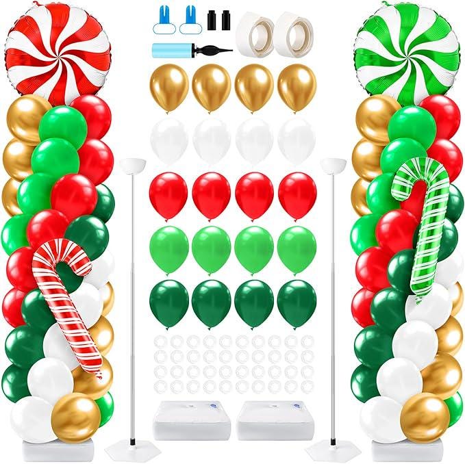 2-Set Christmas Candy Balloon Column Kit with Red, White & Green Balloons for Party Decor