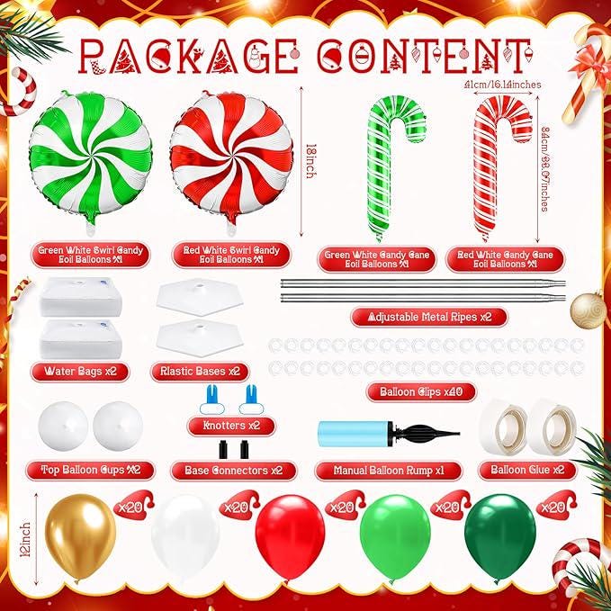 2-Set Christmas Candy Balloon Column Kit with Red, White & Green Balloons for Party Decor