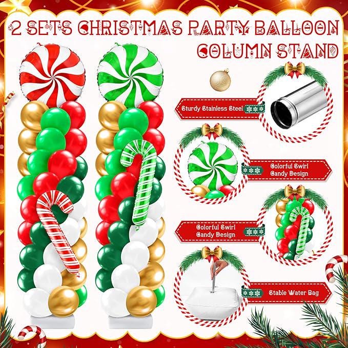 2-Set Christmas Candy Balloon Column Kit with Red, White & Green Balloons for Party Decor