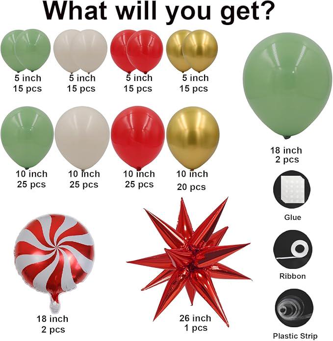 171-Piece Christmas Balloon Garland Kit with Sage Green, Red, White & Gold Balloons for Party