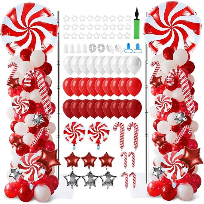 2-Set Adjustable Christmas Balloon Column Kits with Red, White & Silver Balloons for Party Decor