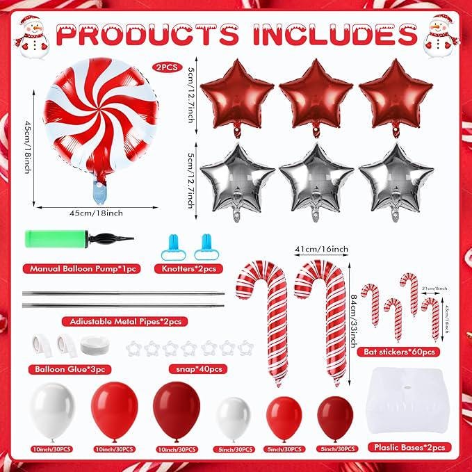 2-Set Adjustable Christmas Balloon Column Kits with Red, White & Silver Balloons for Party Decor