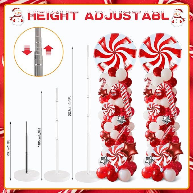 2-Set Adjustable Christmas Balloon Column Kits with Red, White & Silver Balloons for Party Decor