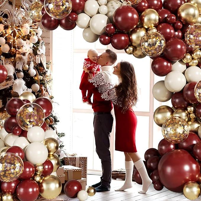 Burgundy Balloon Arch Kit 140Pcs Maroon Gold White Confetti Balloons Party Décor