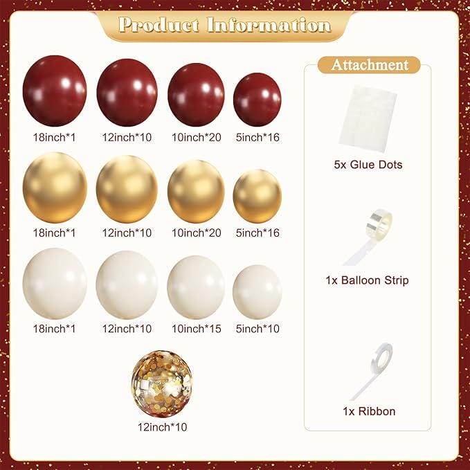 Burgundy Balloon Arch Kit 140Pcs Maroon Gold White Confetti Balloons Party Décor