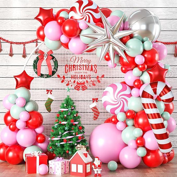 Christmas Balloon Arch Kit: Red, Pink, Green with Candy Cane & Star