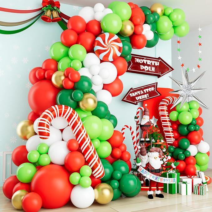 Christmas Balloon Arch Kit: Red, Green, Gold Star Decor
