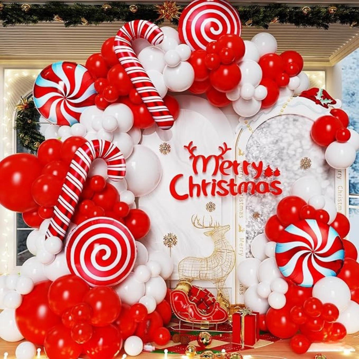 Christmas Balloon Arch Kit: Red, White, and Candy Decorations