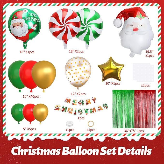Christmas Balloon Arch Kit 71Pcs Gold Red Green Balloons with Foil Fringe Curtain Backdrop