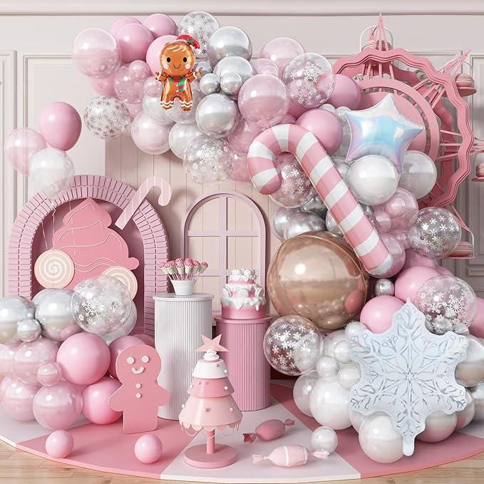 Pink Christmas Balloon Arch Kit 120Pcs Rose Gold Candy Cane Snowflakes Pastel Balloons