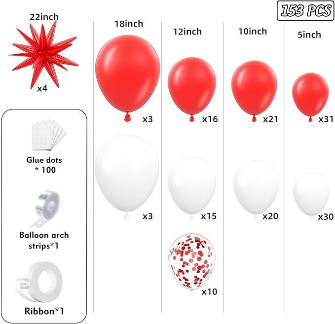 Red White Balloon Arch Kit 153Pcs with Stars Confetti Balloons for Christmas Wedding Party