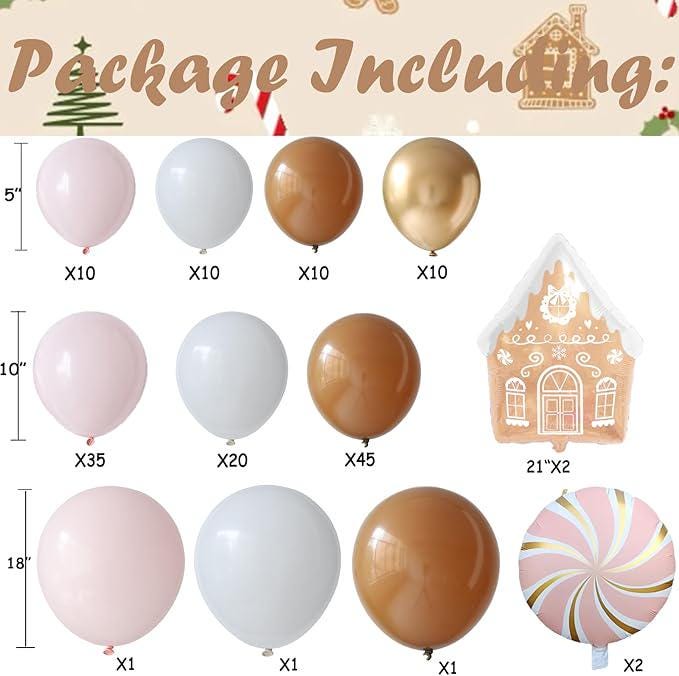 Gingerbread Balloon Arch Kit 147Pcs Pink Brown with Candy and Gingerbread House Foil Balloons