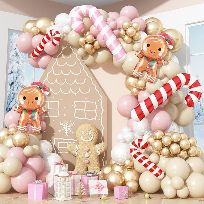 Pastel Pink Beige Christmas Balloon Arch Kit 138Pcs with Candy Cane Gingerbread Foil Balloons