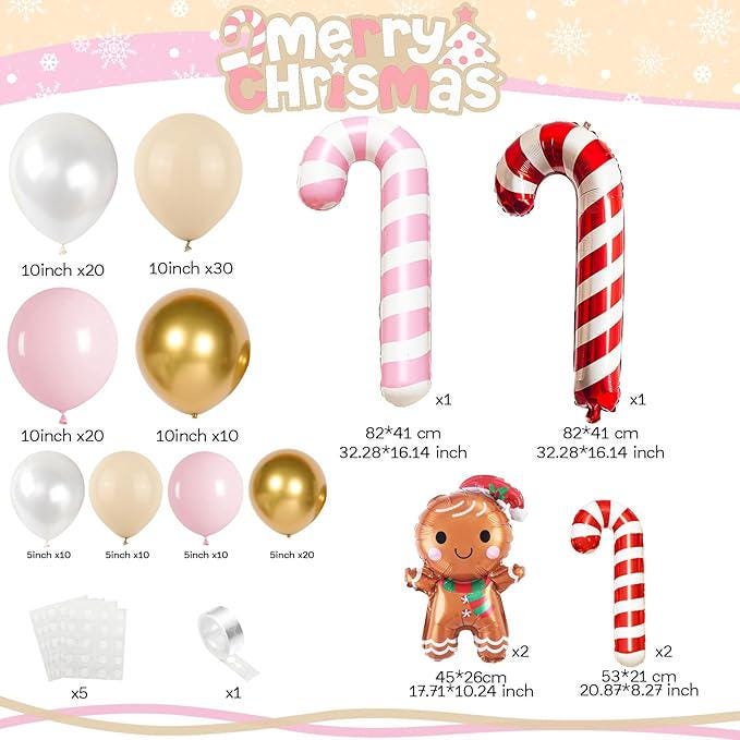 Pastel Pink Beige Christmas Balloon Arch Kit 138Pcs with Candy Cane Gingerbread Foil Balloons