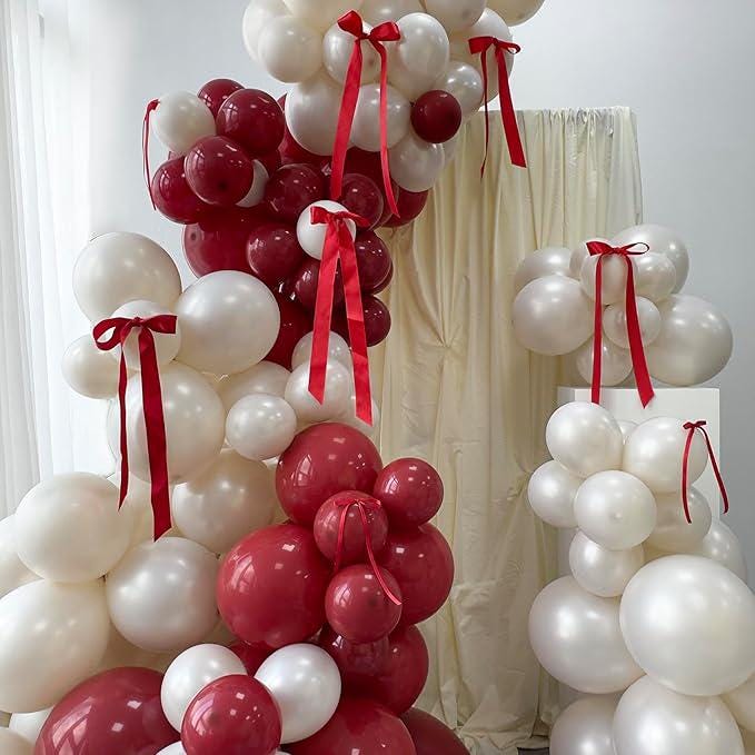 Red and Pearl White Balloon Arch Kit with Bows (185 Pcs)
