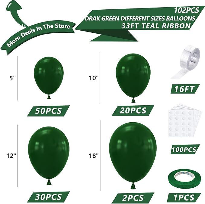 102-Piece Dark Green Balloon Arch Kit with Various Sizes for Jungle Birthday Party Decor