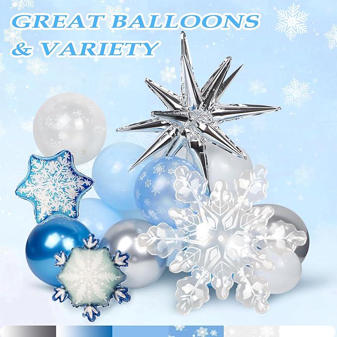 148-Piece Blue Snowflake Balloon Arch Kit with Metallic Silver White Balloons for Winter Party
