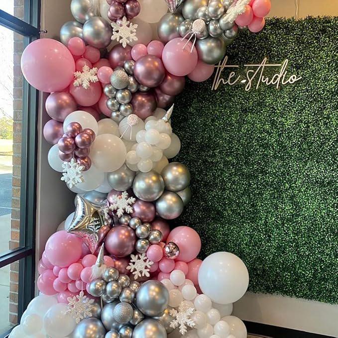 Glitter Snowflake Balloon Arch Kit: Pink, Silver, Red, Winter Birthday Party