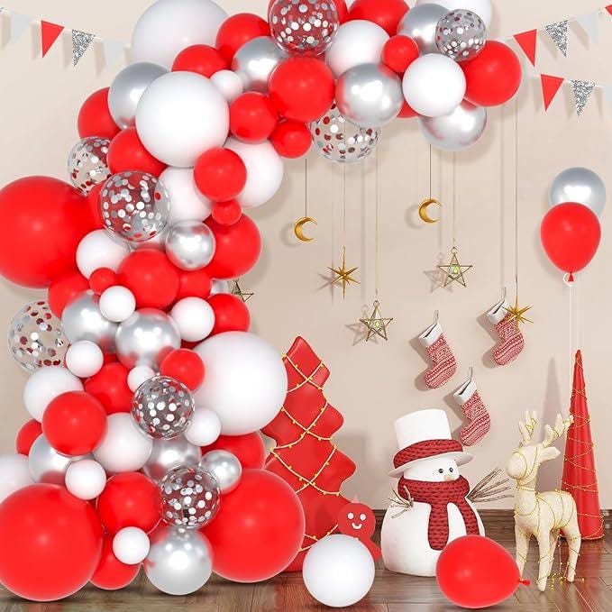 Red White and Silver Balloon Arch Kit with Confetti Balloons for Birthday Wedding Party