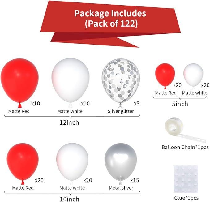 Red White and Silver Balloon Arch Kit with Confetti Balloons for Birthday Wedding Party