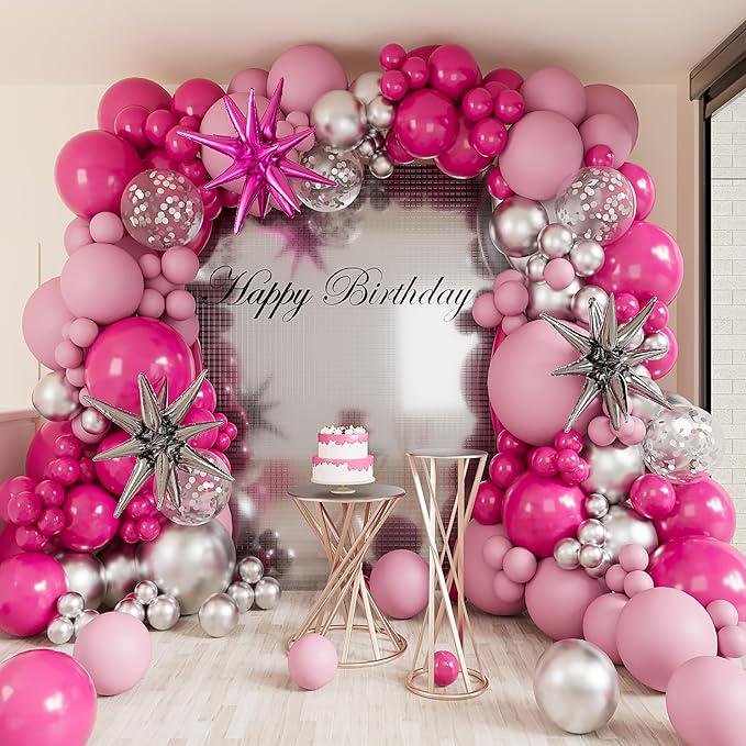 127-Piece Hot Pink and Silver Balloon Arch Kit with Foil Balloons for Party Decor