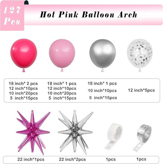 127-Piece Hot Pink and Silver Balloon Arch Kit with Foil Balloons for Party Decor