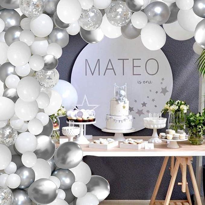 White and Silver Balloon Arch Kit with Metallic and Confetti Balloons for Winter Party
