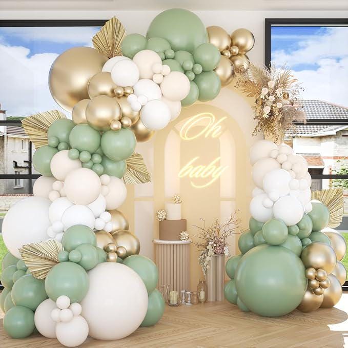 145-Piece Sage Green White and Gold Balloon Arch Kit for Wedding Birthday Party Decor