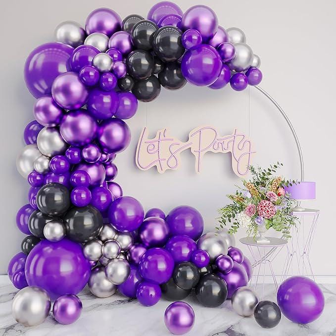 122-Piece Dark Purple and Black Balloon Arch Kit with Silver Metallic Balloons for Party
