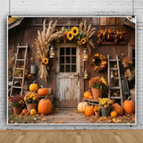 Rustic Fall Barn Door Backdrop with Pumpkins for Thanksgiving Photoshoots