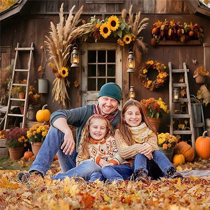 Rustic Fall Barn Door Backdrop with Pumpkins for Thanksgiving Photoshoots