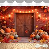 Large Autumn Barn Wood Backdrop with Pumpkins and Maple Leaves for Thanksgiving