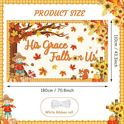 His Grace Falls On Us Autumn Backdrop with Pumpkins and Maple Leaves Decor