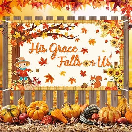 His Grace Falls On Us Autumn Backdrop with Pumpkins and Maple Leaves Decor