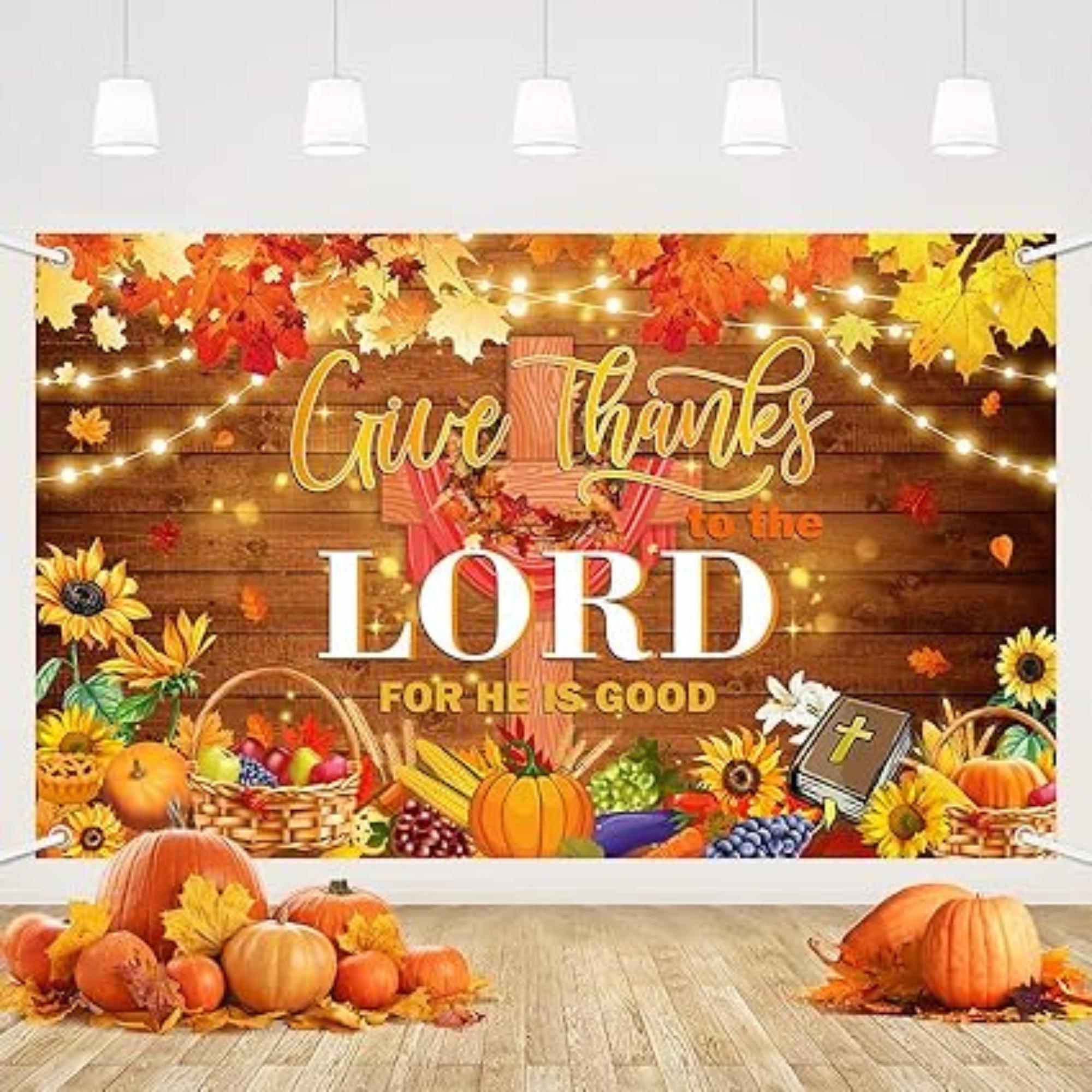 Give Thanks to the Lord Christian Thanksgiving Backdrop with Pumpkins and Leaves
