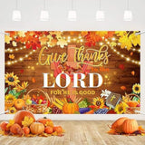 Give Thanks to the Lord Christian Thanksgiving Backdrop with Pumpkins and Leaves