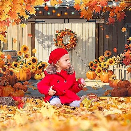 Autumn Pumpkin Harvest Backdrop with Rustic Barn Door for Thanksgiving Photos