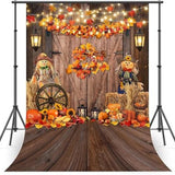 Fall Barn Door Backdrop with Pumpkins and Maple Leaves for Thanksgiving Parties