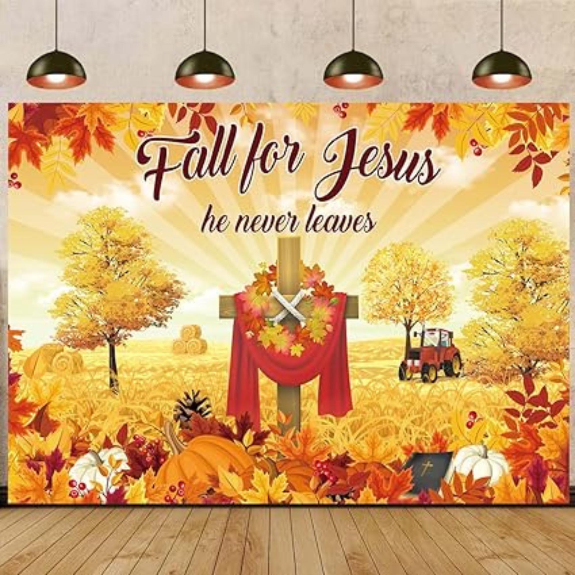 Fall for Jesus Thanksgiving Backdrop with Pumpkins and Sunflowers for Autumn Decor