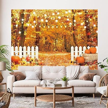 Autumn Forest Backdrop with Pumpkins and White Fence for Thanksgiving Photos