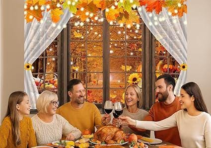 Autumn Window Backdrop with Pumpkins, Sunflowers, and Maple Leaves for Thanksgiving