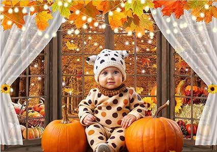 Autumn Window Backdrop with Pumpkins, Sunflowers, and Maple Leaves for Thanksgiving